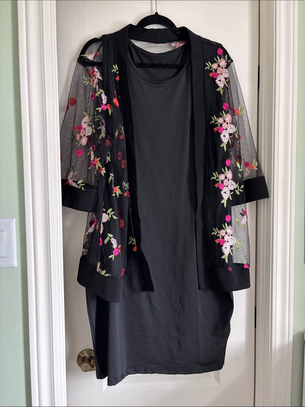 Black Dress with Floral Embroidered Sheer Kimono